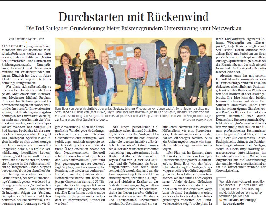 Schwäbische Zeitung 6.10.20 BUXandSOX in der Gründerlounge